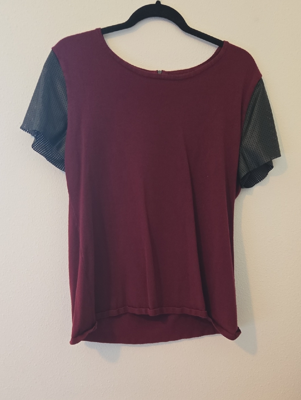 Alfani Burgundy Short Sleeve Tee with Black Faux Leather Sleeves